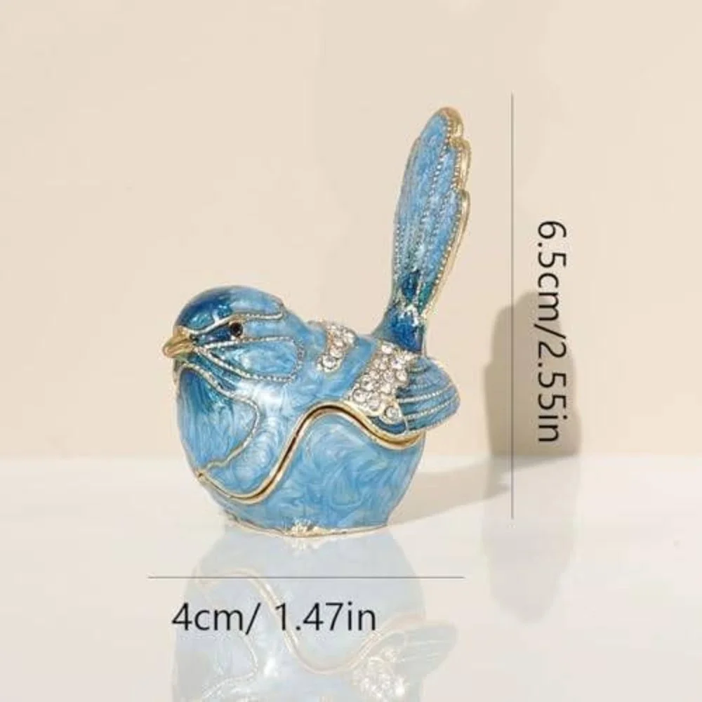 Blue Enameled Bird Trinket Box Rhinestone Hinged Jewelry Pill Box Collectible‎